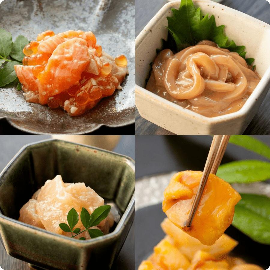 酒の肴セット 〜サーモン塩辛・いか塩辛・貝柱粕漬・ほや塩辛・いくら醤油漬（各90g）〜 ※4本・5本入 選べます《クール冷凍発送》