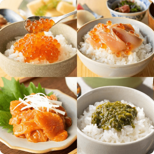 ご飯の友セット 〜いくら醤油漬・紅葉漬・サーモンユッケ・子持ちめかぶ・蛸そぼろ〜 ※4・5本選べます 《クール冷凍発送》